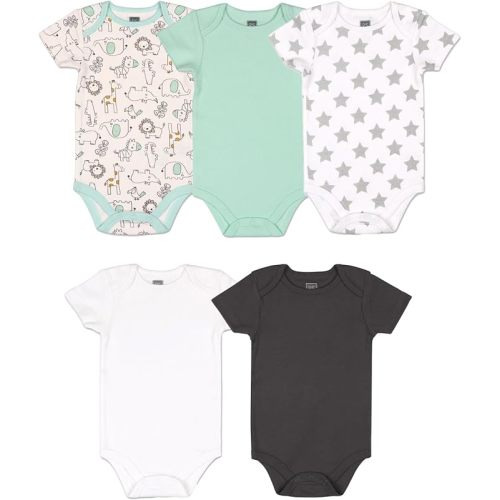 The Peanutshell Short Sleeve Baby Bodysuit Set for Boys or Girls - 5 Pack Unisex Set - Safari, Black, White, Sage, Stars
