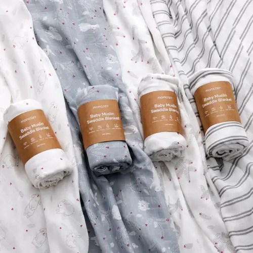 Momcozy Muslin Swaddle Blankets, 4 Pack, Ultra Soft, Neutral Matching, Breathable 2-Layer Gauze Large 47'' x 47'' Baby Swaddling Receiving Blanket Wraps for Newborn Boys Girls, Rabbit