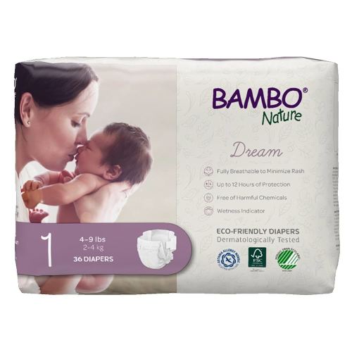 Bambo Nature Hypoallergenic Dream Baby Diapers, Premium Eco-Labeled Sustainable Diapers, Enhanced Leakage Protection, Totally Chlorine-free, Skin Friendly, and Super Absorbent - Size 1 (108 Count)