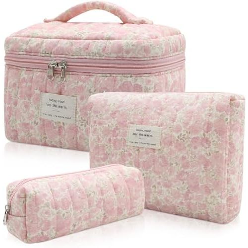 Gosect 3pc Makeup Bag Set, Quilted Makeup Bag Set, Large Floral Cosmetic Bag for Women, Cute Cotton Makeup Bags, Flower Travel Toiletry Organizer Bag (Pink Crushed flower)