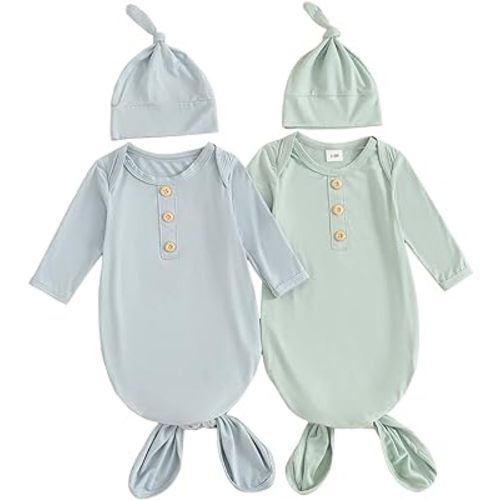 Merqwadd Newborn Knotted Gown 2 Pack Plain Sleeper for Baby Boy Girl Coming Home Outfit