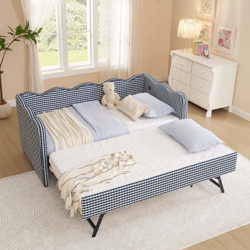Leumius Twin Size Gingham Daybed with Pop Up Trundle,Modern Linen Daybed with USB Ports and Adorable Wave Shaped,Upholstered Day Bed Fram for Living Room/Bedroom/Guest Room,Navy