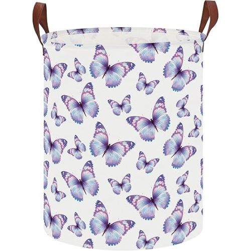 19.7" Laundry Basket,Kids Dirty Clothes Hamper,Waterproof Toys Storage Bin,Room Decor,Gift Baskets,Nursery Hamper(Purple Butterfly)