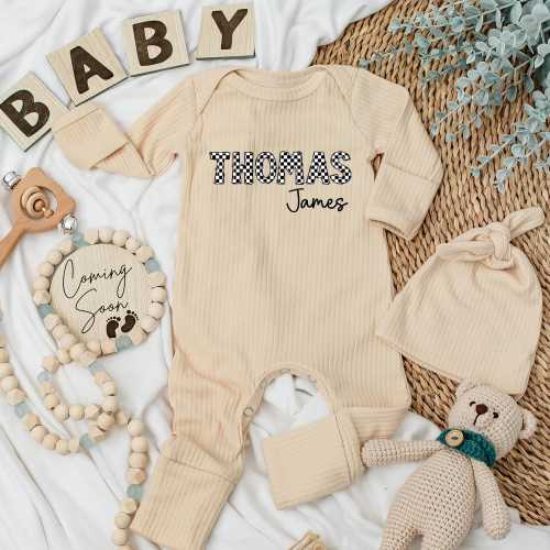 Personalized First + Middle Checkered Name Baby Bodysuit, Custom Name Baby Boy and Girl Bodysuit, Baby Shower Gift, Coming Home Outfit