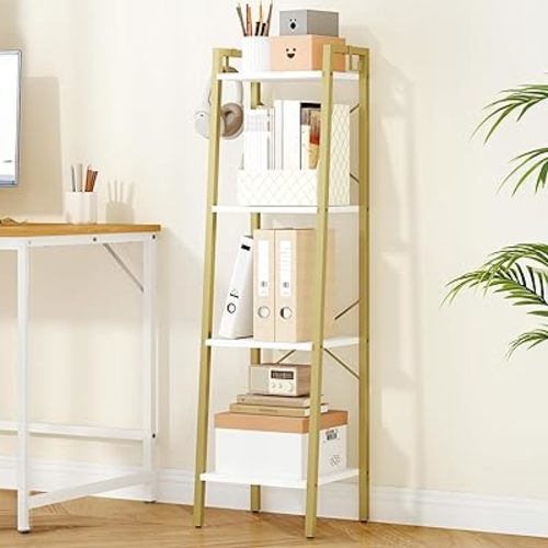 Ladder Shelf, Bookshelf Bookcase, Freestanding Corner Storage Shelve with 2 Hooks for Home Office, Living Room, Kitchen, Bedroom, Industrial, 4-Tier White Gold BC13213G