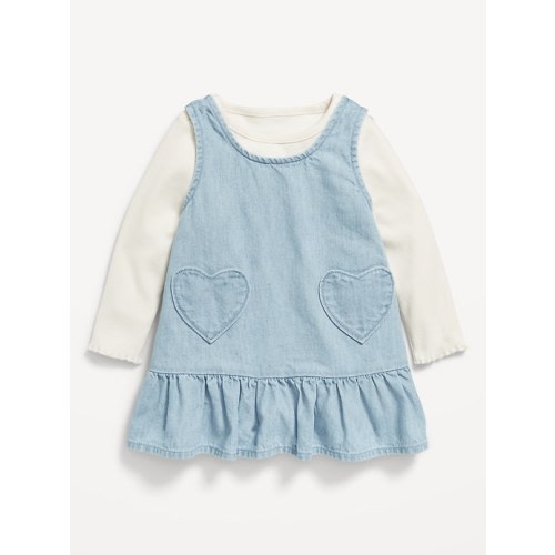 Long-Sleeve Ribbed Top and Heart-Pocket Chambray Dress Set for Baby