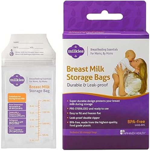 Fairhaven Health Milkies Breast Milk Storage Bags, 50 Count, Presterilized and BPA Free, No Leak and No Break, Easy to use, Freeze up to 6 Ounces