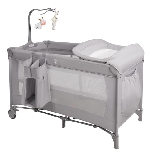 5 in 1 Baby Crib, Baby Playards Pack and Play Portable Travel Baby Playpen with Toys & Music Box, Mattress for Girl Boy Infant Newborn