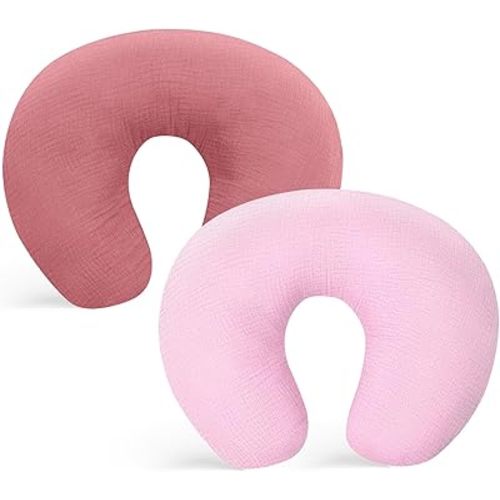 Winmany 2 Pack Muslin Nursing Pillow Covers Soft Cotton Newborn Breastfeeding Pillow Cover Baby Feeding Pillow Slipcover Shower Gifts for Boys Girls (Rose + Light Pink)