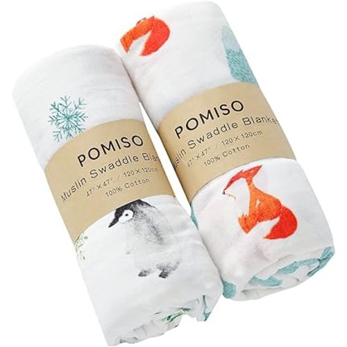 Muslin Swaddle Blankets for Boys & Girls, Receiving Baby Blanket for Newborns, Large 47 x 47 Inches, Soft Breathable Baby Swaddles, Fox & Penguin