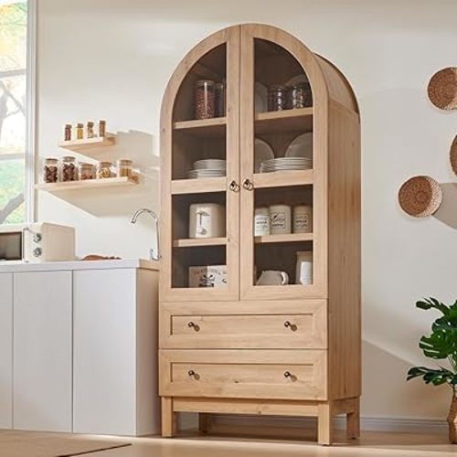 71" Tall Arched Kitchen Pantry, Modern Farmhouse Wood Kitchen Storage Cabinets with 2 Large Drawers and Adjustable Shelves, Versatile Cupboard for Kitchen, Dining Room, Bathroom, Natrual