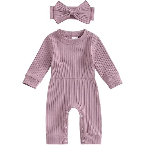 Winioder Newborn Baby Girl Fall Clothes Ribbed Long Sleeve Romper Jumpsuit with Headband Infant 2Pcs Coming Home Outfit - Purple
