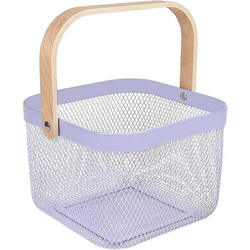 Metal Mesh Steel Basket, Storage Organizer Basket Multi-functional Hanging Kitchen Baskets Fruit Basket Bin with Bamboo Handle for Kitchen Bathroom Picnic Shopping Decor Cabinet Home, Purple
