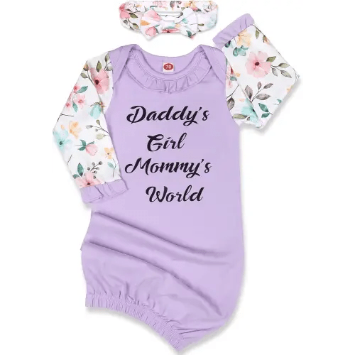 Newborn Gown Baby Girl 0-6 Months, Super Soft Baby Little Sister Sleeper Gowns, Babies Girls Nightgowns Coming Home Outfit Infant with Headband Set