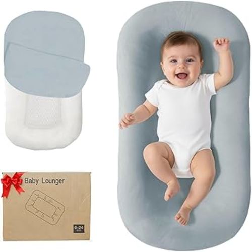 Lucakuins Baby Lounger, Bionic Design Baby Lounger for Newborn 0-24 Months, Soft Organic Cotton Breathable Lounger for Infants (Grayish Blue Baby Lounger)
