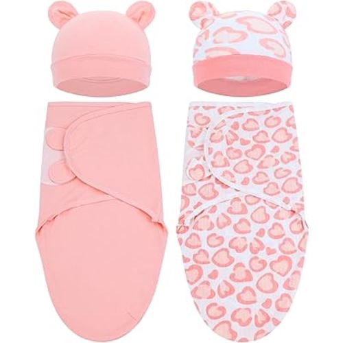 Cinaci 2 Pack Adjustable Soft Cotton Blend Newborn Baby Receiving Swaddle Blankets Sleep Sacks with Nursery Hats Caps Beanies Bonnets for Baby Girls Boys Newborns Infants
