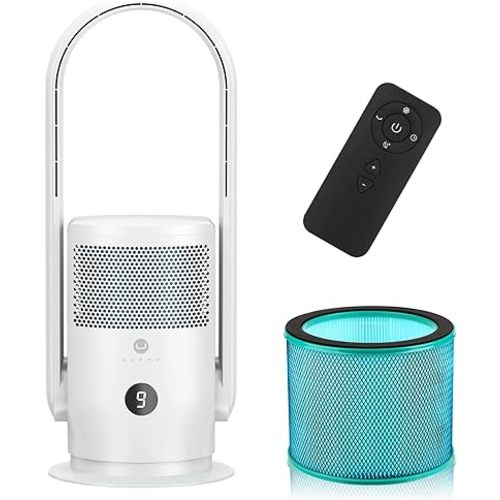 ULTTY Bladeless Tower Fan with Air Purifier, 90° Oscillating Bladeless Fan with Remote, Touch, 8H Timer, Floor Fans for Bedroom Whole Room Home Office R021, White