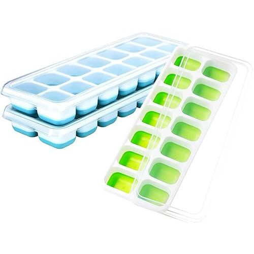Ice Cube Trays 3 Pack, Silicone Easy-Release and Flexible 14-Ice Trays with Spill-Resistant Removable Lid, BPA Free, Durable and Dishwasher Safe