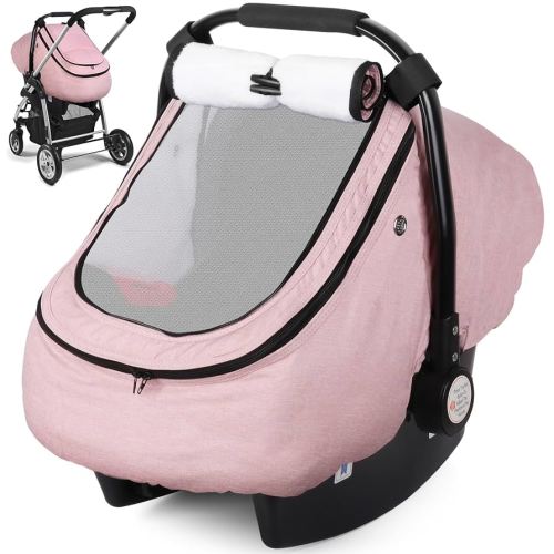 Rquite Car Seat Cover Baby, Carseat Covers Boy Girl, 2 Layers Window -Breathable Mesh & Wind/Sun Shade, Infant Car Seat Canopy Baby Carrier/Stroller Cover, Fit Spring, Fall, Winter, Cold Weather