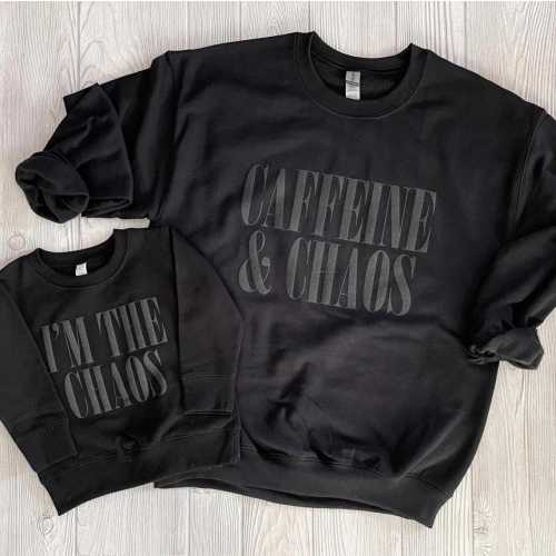 Matching Family Sweatshirts - "Caffeine and Chaos" Adult & "I Am the Chaos" Kids Crew Pullover - Black on Black, Unisex- gift mom and me