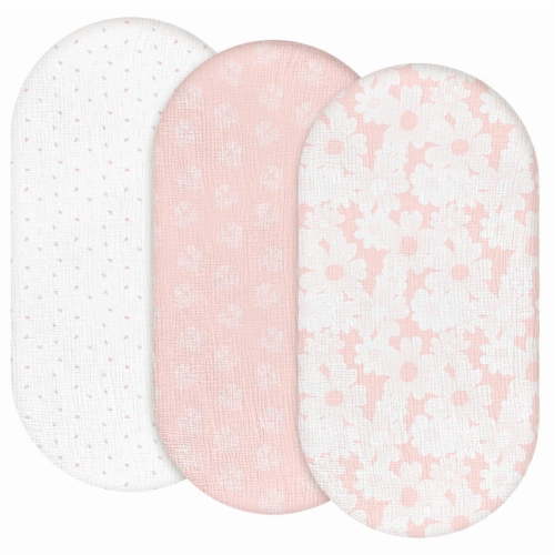 Gllquen Baby Muslin Cotton Fitted Bassinet Sheets Pink Rosebud for Boys Girls, 3-Pack