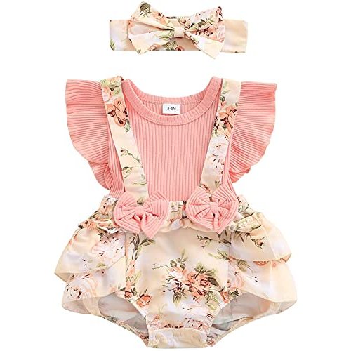 Socutebabe Baby Girl Floral Romper Newborn Dress Ruffle playsuit Suspender Shorts Jumpsuit Cute Summer Clothes and Headband