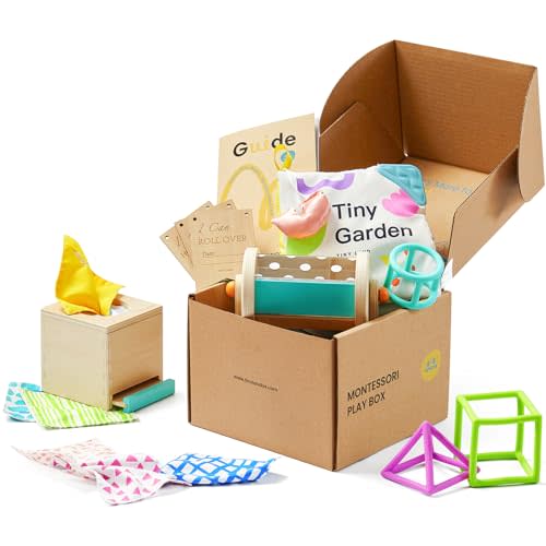 Tiny Land Montessori Baby Toy Set 4-6 Months – Early Learning Motor Skills Development Kit with 4-in-1 Soft Cloth Book, Spinning Rainbow Toy, Silicone Blocks, and Interactive Magic Tissue Box