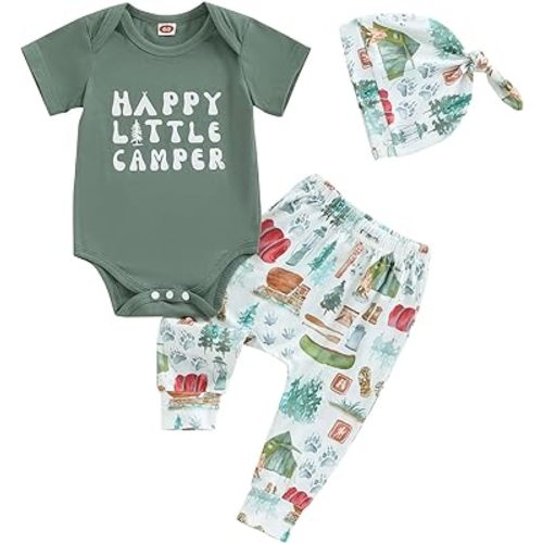 Omkzanbi Newborn Boy Outfit Happy Little Camper Bodysuit Retro Woodland Camping Jogger Pants Hat Cute 3Pcs Coming Home Outfit