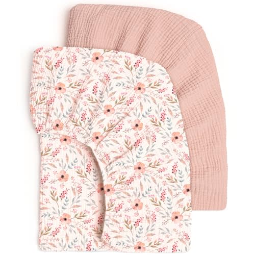 lulumoon Mini Crib Sheets 2-Pack: Soft Muslin Cotton Pack and Play Sheets for Playard Mattress - Boho Floral Print for Girls