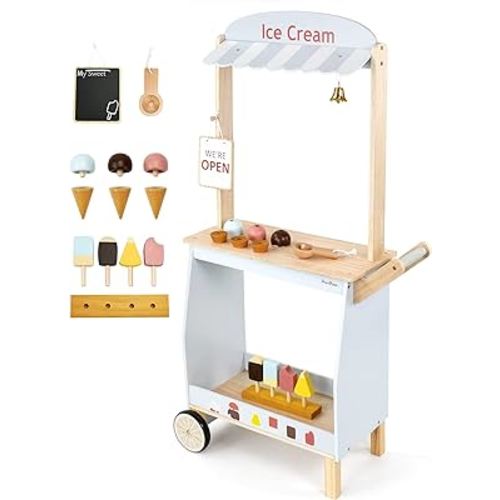 PairPear Wooden Toys Ice Cream Cart for Kids,Toddler Grocery Store Ice Cream Truck Playset,Pretend Play Food Kitchen Toys Gift for Boys and Girls 3 Years and up