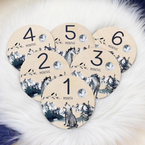 Wolf Milestone Cards, Baby Milestone Wolf Wood Discs Marker, Wood Milestone Card, Baby Milestones, Photo Prop, Wolf Nursery Theme M25