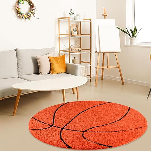 MSYA Basketball Rug, Soft and Fluffy Basketball Rug for Boys Bedroom -35 inches-Microfabric Round Bathroom Rug, Round Area Rug for Living Rugs Soccer Decor for Boys Room