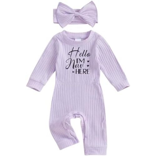 Winioder Newborn Baby Girl Fall Clothes Ribbed Long Sleeve Romper Jumpsuit with Headband Infant 2Pcs Coming Home Outfit