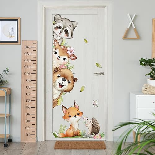 Watercolor Jungle Animal Wall Decals, Forest Animal Wall Sticker Raccoon Deer Fox Hedgehog Wall Decals for Baby Nursery Decorations,Door Offices Bedroom Room Sticker.