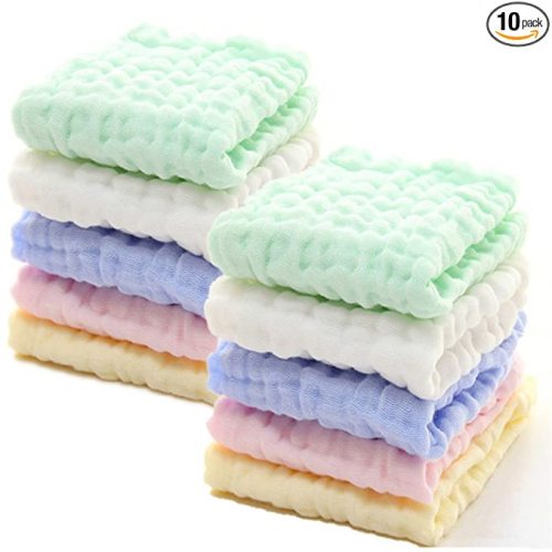 MUKIN Baby Washcloths - Natural Cotton Baby Wipes - Soft Newborn Face Towel for Sensitive Skin - 10 Pack, 12x12 inches (Multicolored)