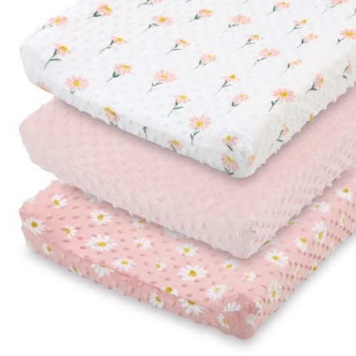 The Peanutshell Changing Pad Cover for Baby Girls, Daisy Plush Minky, Pink