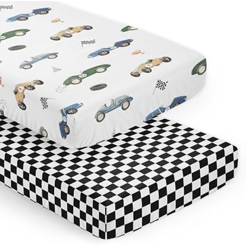 Sweet Jojo Designs 2-Piece Baby Crib Sheets Set (Vintage Race Car) for Boys, Infant Nursery, Toddler Room - Fitted, Standard Size (Gingham Checkered Black/White & Blue/Green Colorful, Cartoon Cars)