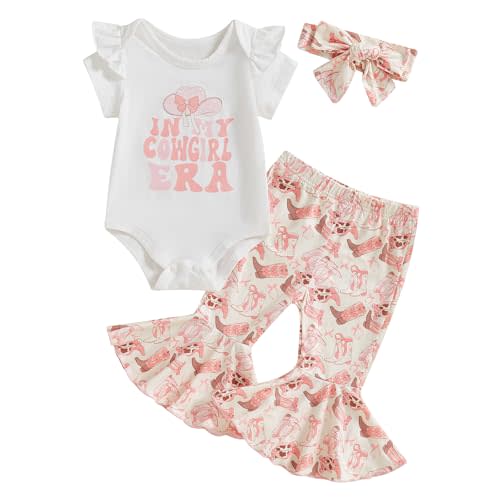 Ysfanwuxi Western Baby Girl Summer Clothes In My Cowgirl Era Romper Bell Bottom Flare Pants Set 3Pcs Infant Cowgirl Outfits