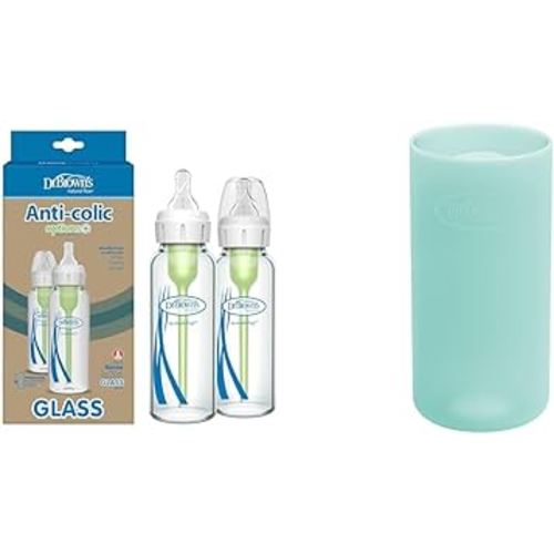 Dr. Brown's Natural Flow Anti-Colic Options+ Narrow Glass Baby Bottle 8 oz/250 mL 2 Pack with Level 1 Slow Flow Nipple and Silicone Sleeves for Glass Bottles, Mint