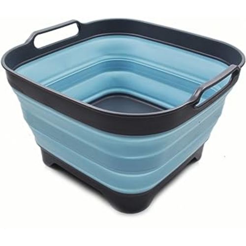 SAMMART 10L (2.64 Gallon) Collapsible Dishpan with Draining Plug - Foldable Washing Basin - Portable Dish Washing Tub - Space Saving Kitchen Storage Tray (1, Grey/Sea Angel)