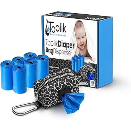 Toolik Diaper Bag Dispenser with 105 Disposable Unscented Waste Bags (7 Refill Rolls) for Baby and Toddler Poop or Dirty Clothes, Essential for Travel and Quick Change on The Go (3D Cubes)