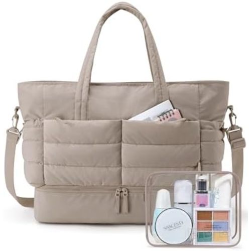 BAGSMART Large Travel Duffel Bag with Shoe Compartment, Puffer Carry-On Gym Weekender Bag for Women, Tan