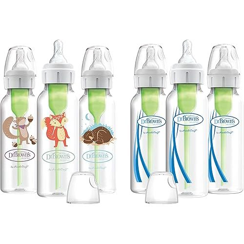 Dr. Brown’s Natural Flow® Anti-Colic Options+™ Narrow Baby Bottles 8 oz/250 mL, with Level 1 Slow Flow Nipple, 6 Pack, 0m+ Woodland Animals Gift Set