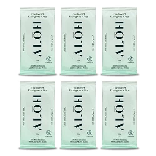 ALŌH Peppermint Eucalyptus Sanitizing Hand Wipes - Clean Hands, Clear Mind On The Go Sanitizer for Kids and Adults - Travel Size 6 packs of 20ct Wipe (120 Wipes)