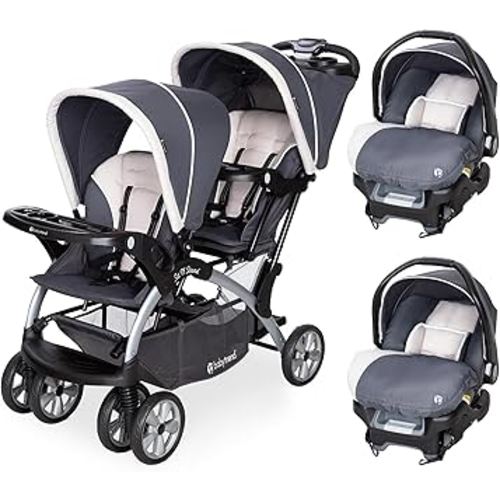 Baby Trend Infant and Toddler Double Stroller & 2 Car Seat Combo, 3 Pc Set, Magnolia - Portable and Lightweight Stroller Duo and Car Seat Travel System Tandem