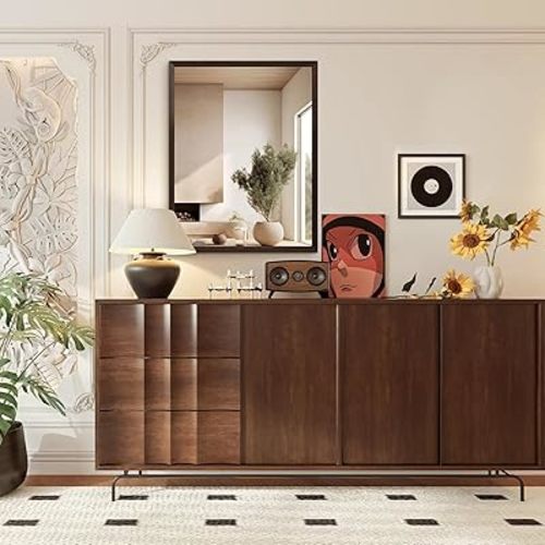 Walnut Wood Bathroom Mirrors for Wall Mounted, 36" x 28" Rectangle Rustic Wood Framed Wall Mirror, Decorative Farmhouse Mirror for Bathroom, Bedroom, Entryway, Horizontally/Vertically