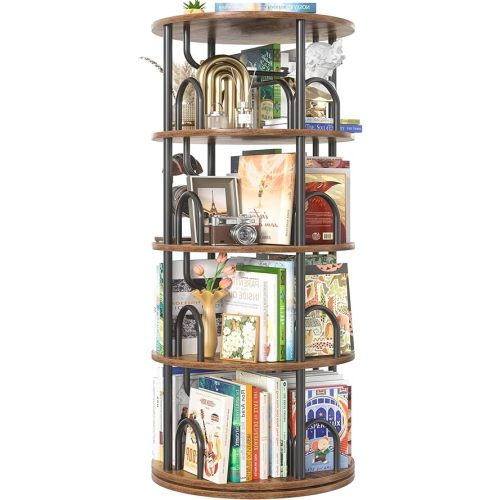 Aheaplus 4 Tier Rotating Bookshelf Tower, 360 Display Spinning Bookcase, Revolving Round Book Shelf Narrow Swivel Bookshelf, Vertical Turning Corner Book Organizer for Small Space, Rustic Brown