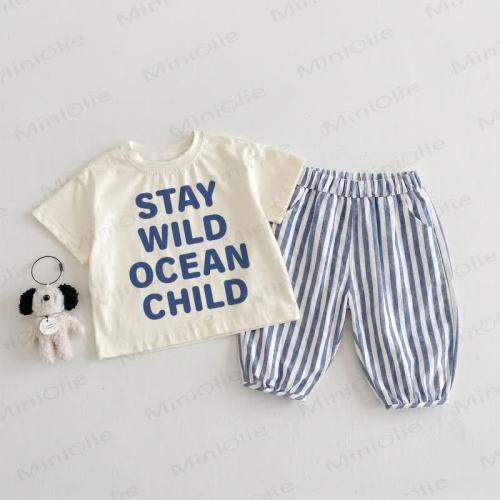 STAY WILD OCEAN CHILD Baby Toddler Beige&Blue Vertical Striped 2-piece Set