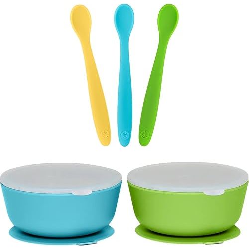 WeeSprout 3 Silicone Baby Spoons & 2 Bowls with Lids Bundle - Soft-Tip, Bendable Feeding Utensils - Durable, Travel-Friendly, Dishwasher Safe - Blue & Green