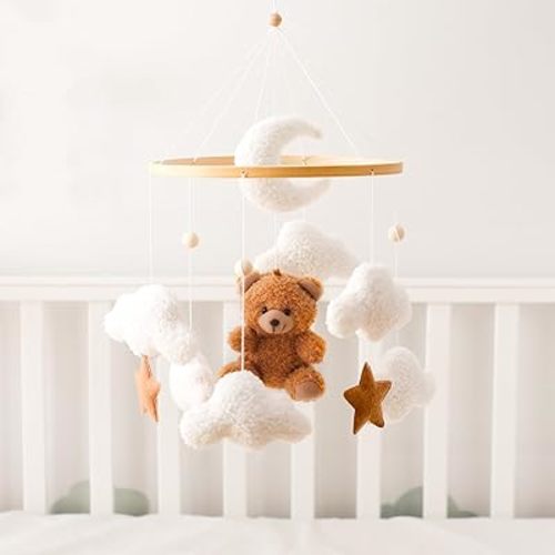 Baby Crib Mobile Bear Nursery Mobile for Boys Girls Teddy Velvet Bed Bell Decor for Infant Bedroom Hanging Infant Mobile for Bassinet Newborn Gift (Brown Bear)